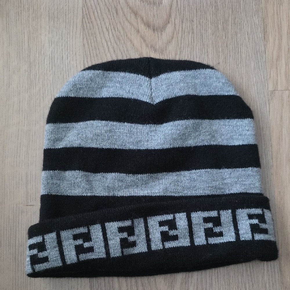 Stylish FENDI Black and Gray Striped Beanie